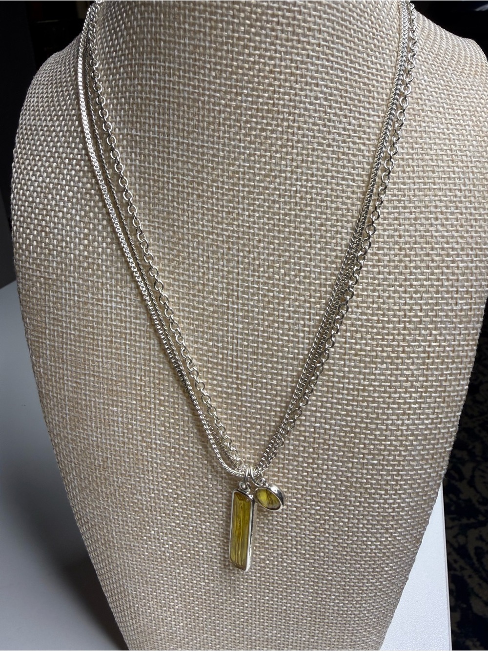 Apostrophe Triple Strand Silver Tone Necklace Yellow Crystal Pendant 16” Layered